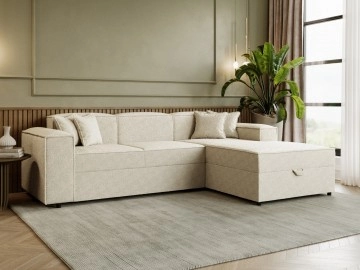 Ecksofa Sokoz L Boucle mit Bettkasten und Schlaffunktion