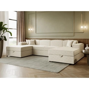 Wohnlandschaft Sokoz U Boucle mit zwei Bettkästen und Schlaffunktion