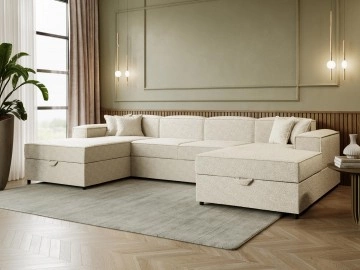 Wohnlandschaft Sokoz U Boucle mit zwei Bettkästen und Schlaffunktion