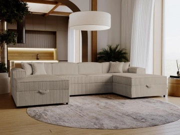 Wohnlandschaft Sokoz U Cord mit zwei Bettkästen und Schlaffunktion