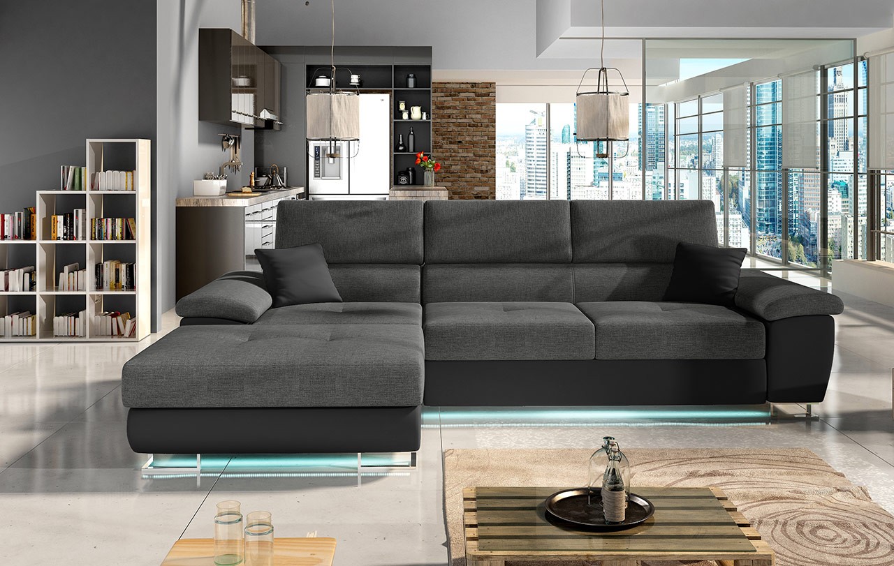 Ecksofa Alvin Mini LED mit Schlaffunktion und Bettkasten - Mirjan24