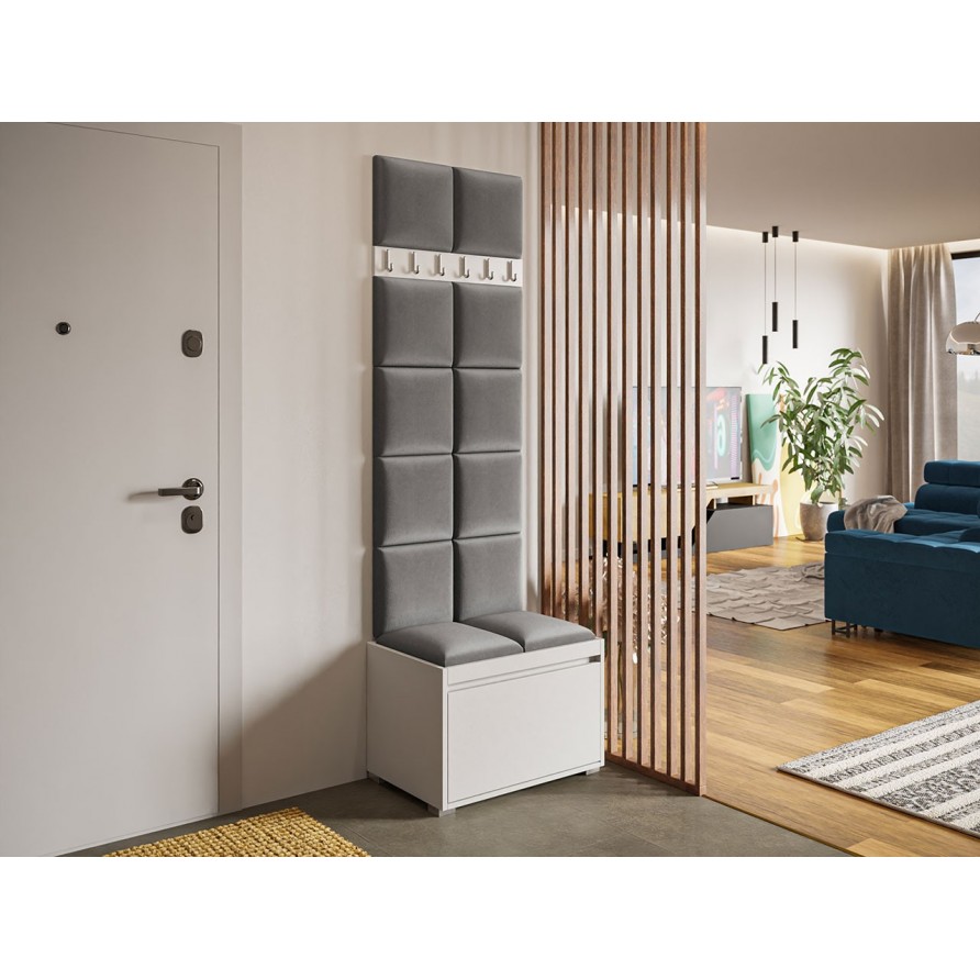 Garderoben-Set Konkor 60 (Schuhschrank und Kleiderhakenbrett) + 12 Stück gepolsterte Wandpaneele Pag 30x30 Garderoben-Set Konkor 60 (Schuhschrank und Kleiderhakenbrett) + 12 Stück gepolsterte Wandpaneele Pag 30x30