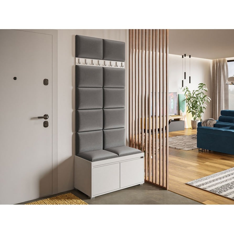 Garderoben-Set Konkor 80 (Schuhschrank und Kleiderhakenbrett) + 12 Stück gepolsterte Wandpaneele Pag 40x30 Garderoben-Set Konkor 80 (Schuhschrank und Kleiderhakenbrett) + 12 Stück gepolsterte Wandpaneele Pag 40x30