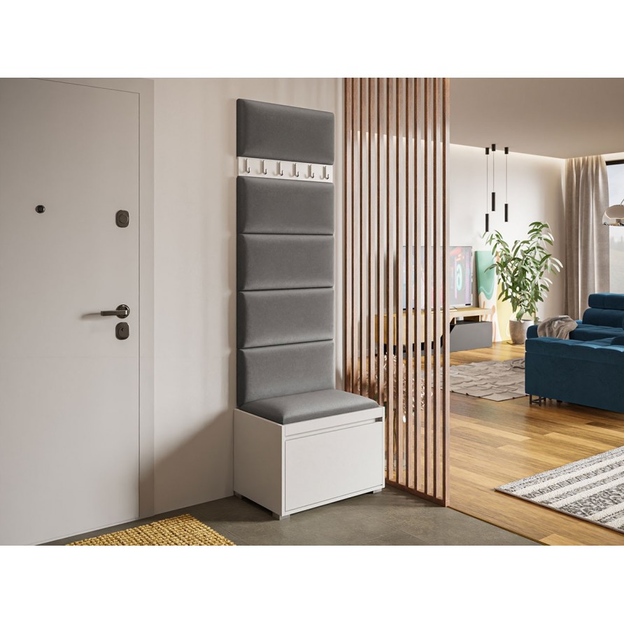 Garderoben-Set Konkor 60 (Schuhschrank und Kleiderhakenbrett) + 6 Stück gepolsterte Wandpaneele Pag 60x30 Garderoben-Set Konkor 60 (Schuhschrank und Kleiderhakenbrett) + 6 Stück gepolsterte Wandpaneele Pag 60x30