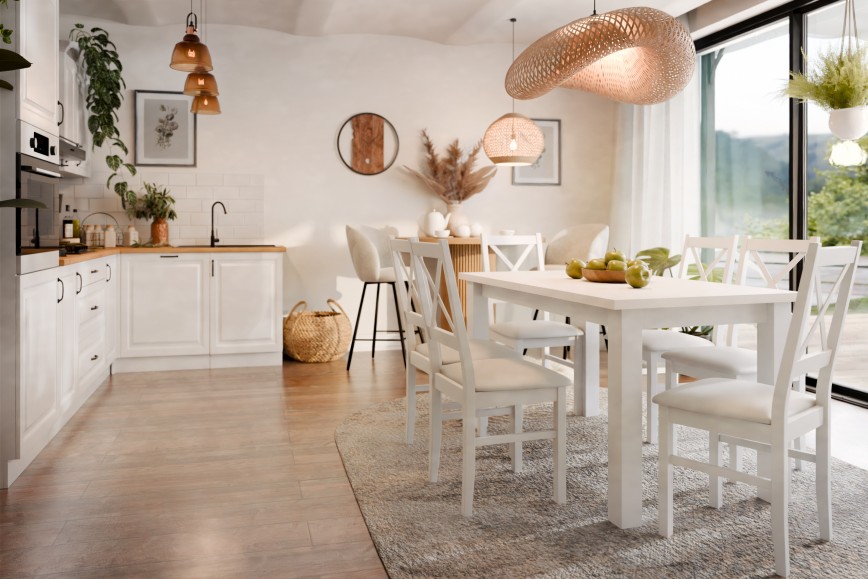 Inspirierende Raumgestaltung: Geräumige Küche mit Esszimmer in hellen Farben