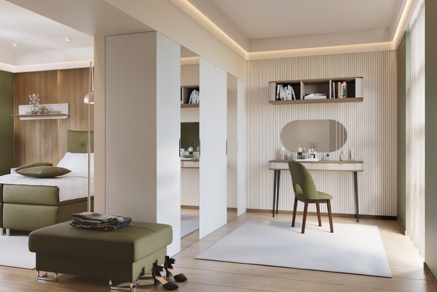 Inspirierende Raumgestaltung: Oliv-farbenes Schlafzimmer mit Ankleidezimmer 