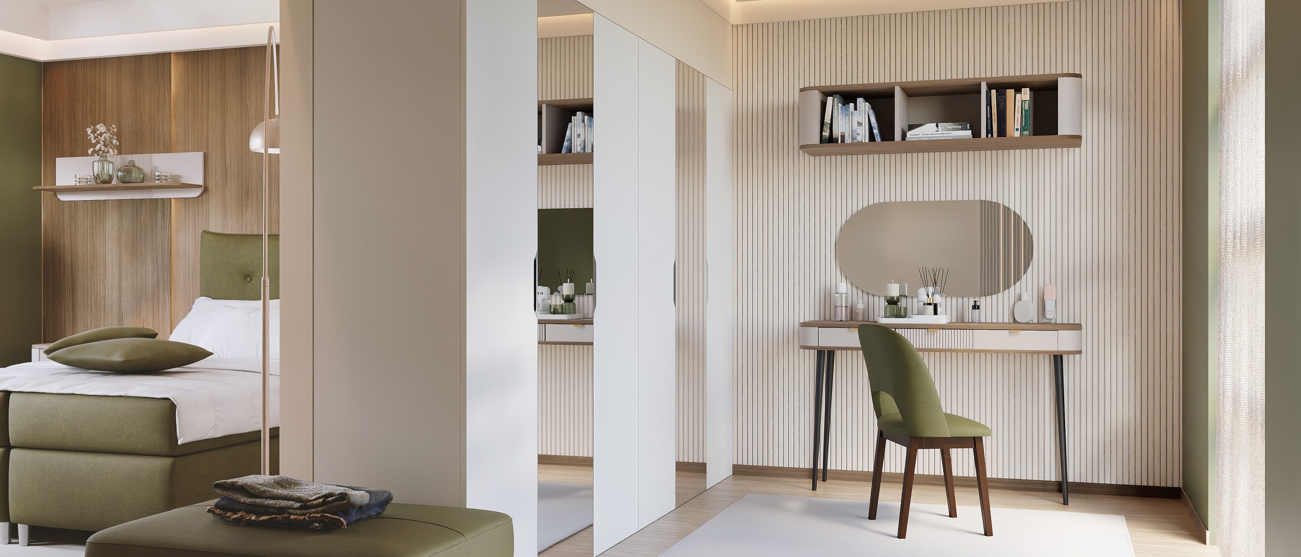 Oliv-farbenes Schlafzimmer mit Ankleidezimmer 