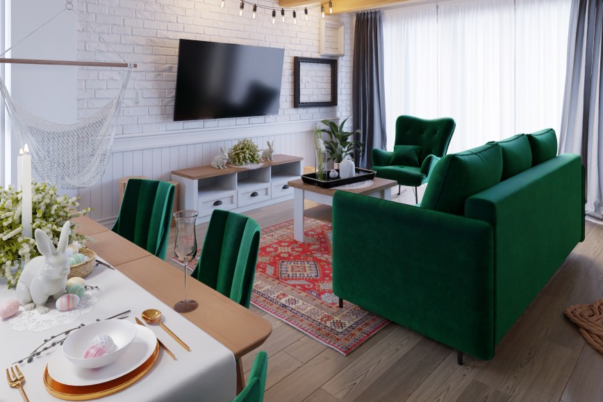 Wohnzimmer mit Esszimmer in Oster-Atmosphäre