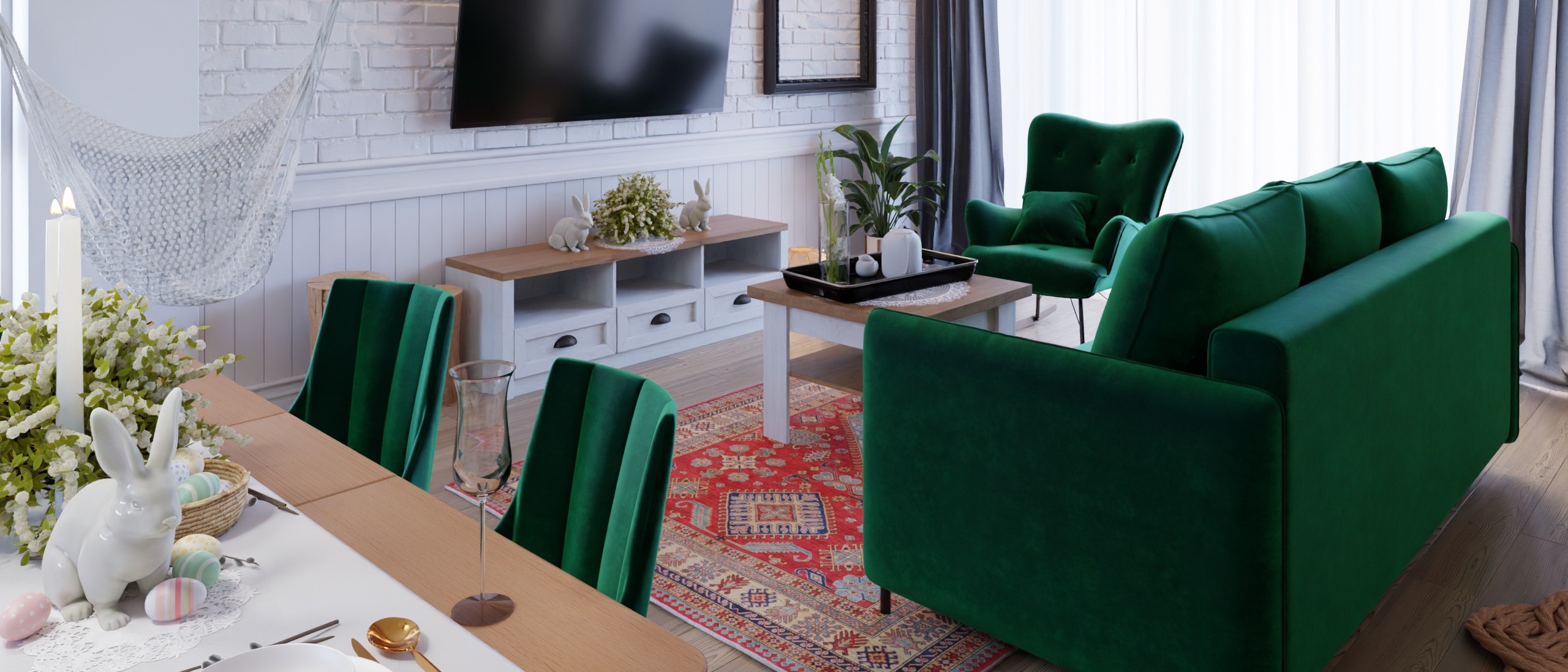 Wohnzimmer mit Esszimmer in Oster-Atmosphäre