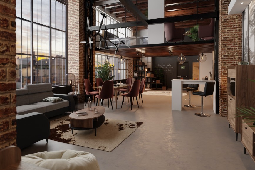 Wohnzimmer mit Esszimmer im Loft-Stil