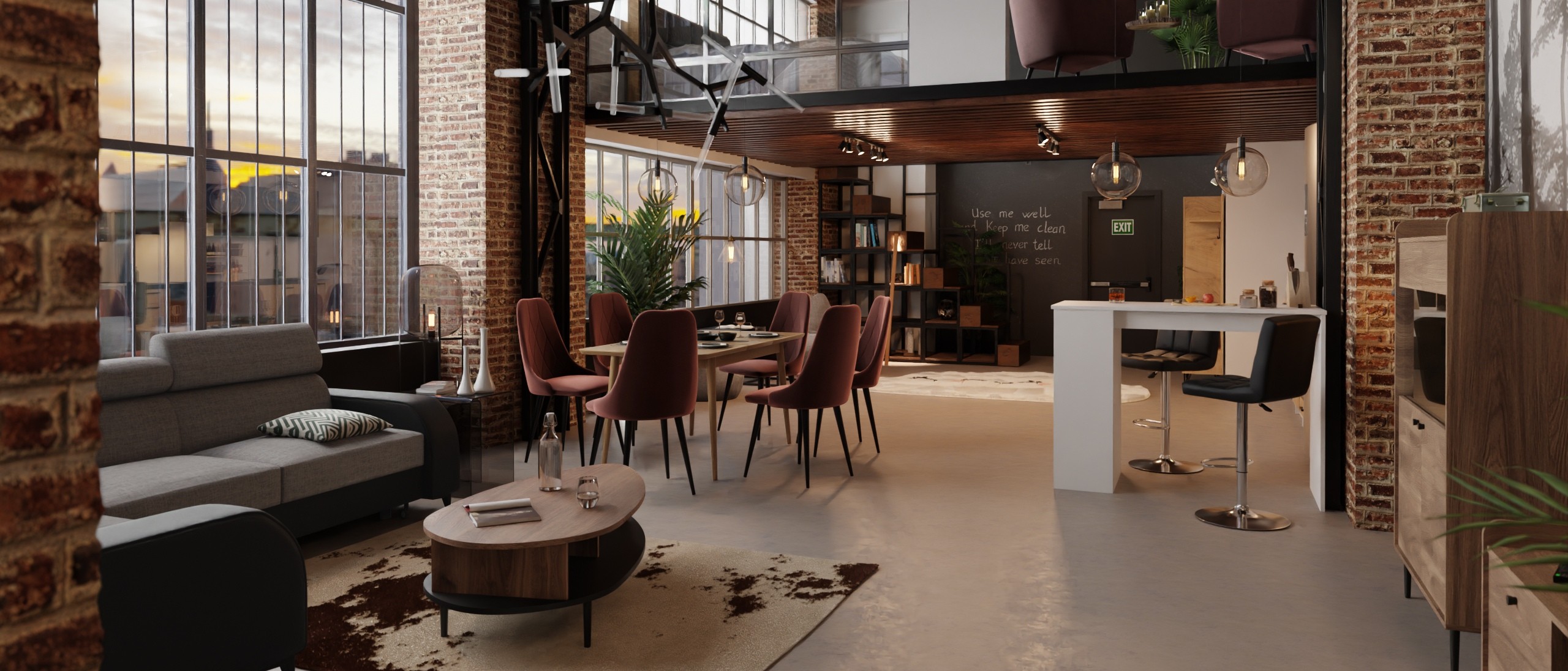 Wohnzimmer mit Esszimmer im Loft-Stil