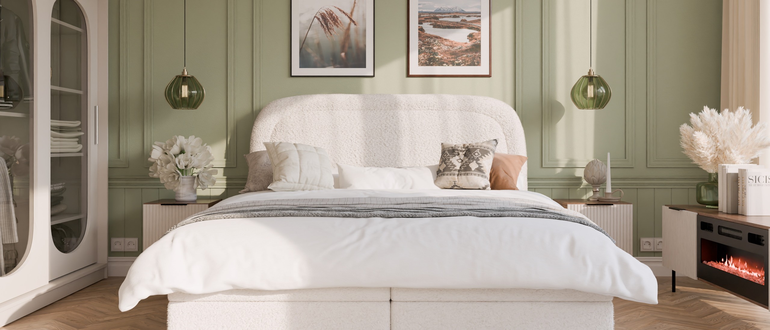 Mintfarbenes Schlafzimmer mit Stuck 