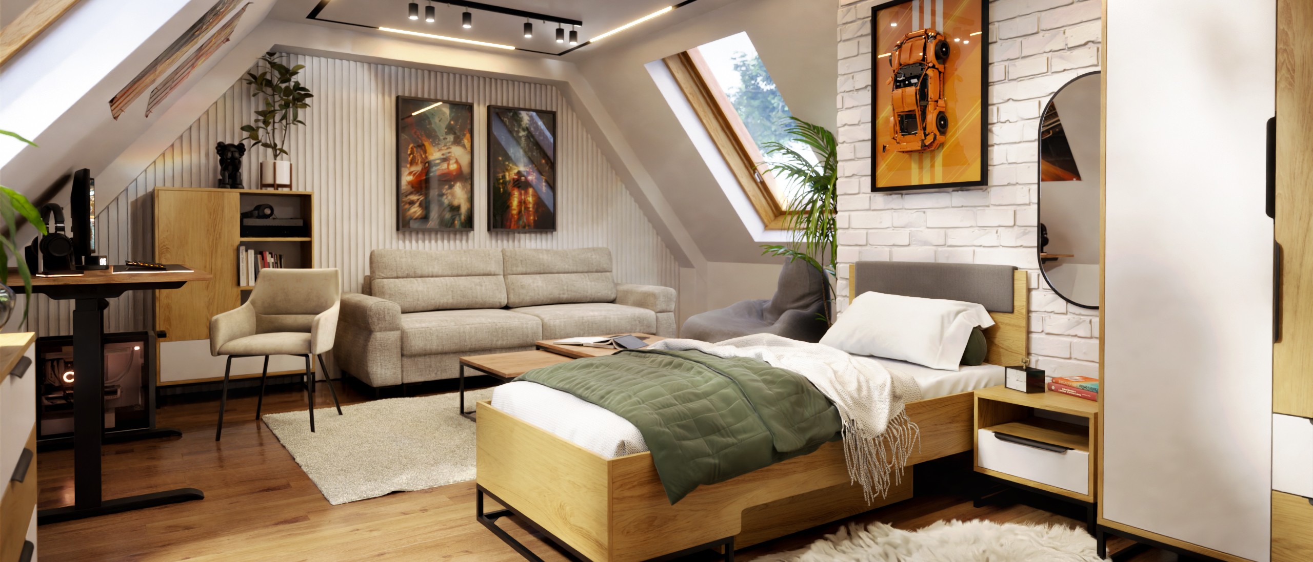 Jugendzimmer im Dachgeschoss mit ausklapp- bzw. ausziehbarem Sofa