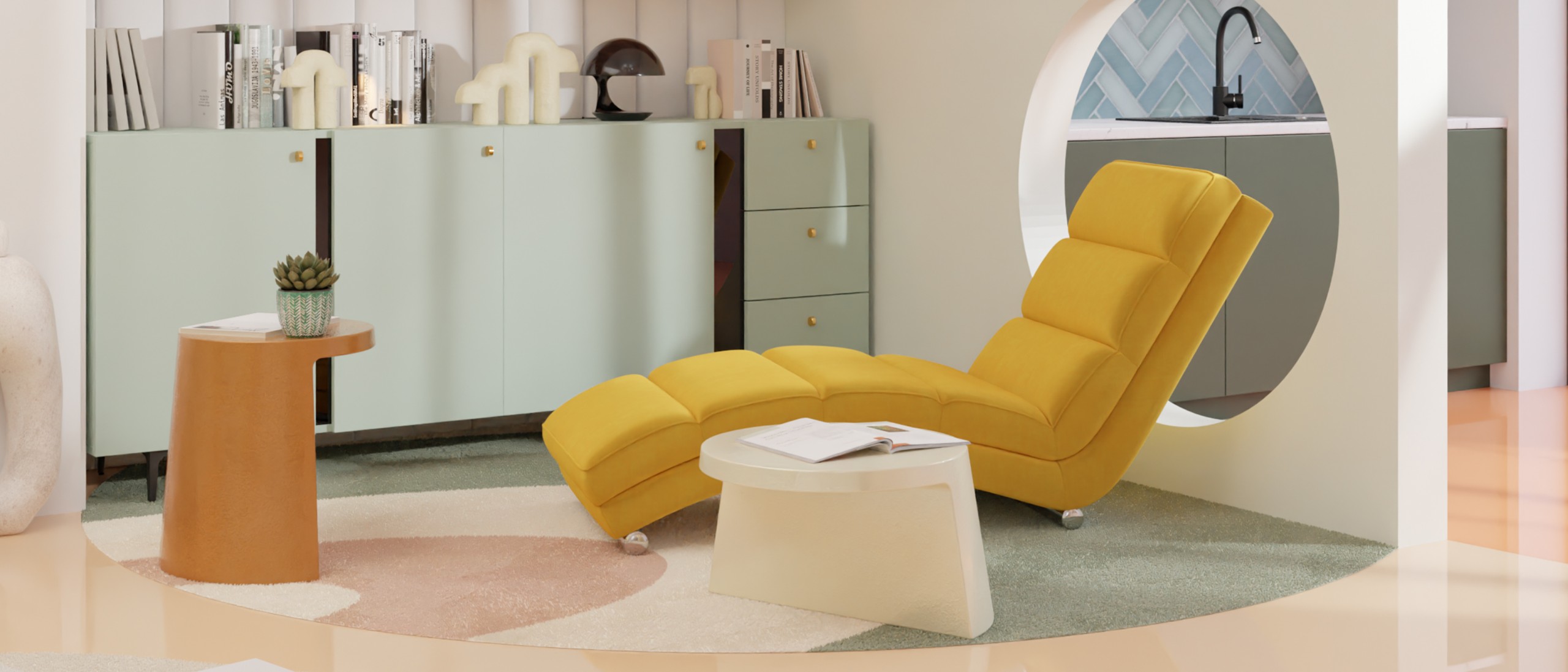   Wohnzimmer mit Leseecke im Memphis Stil                         
