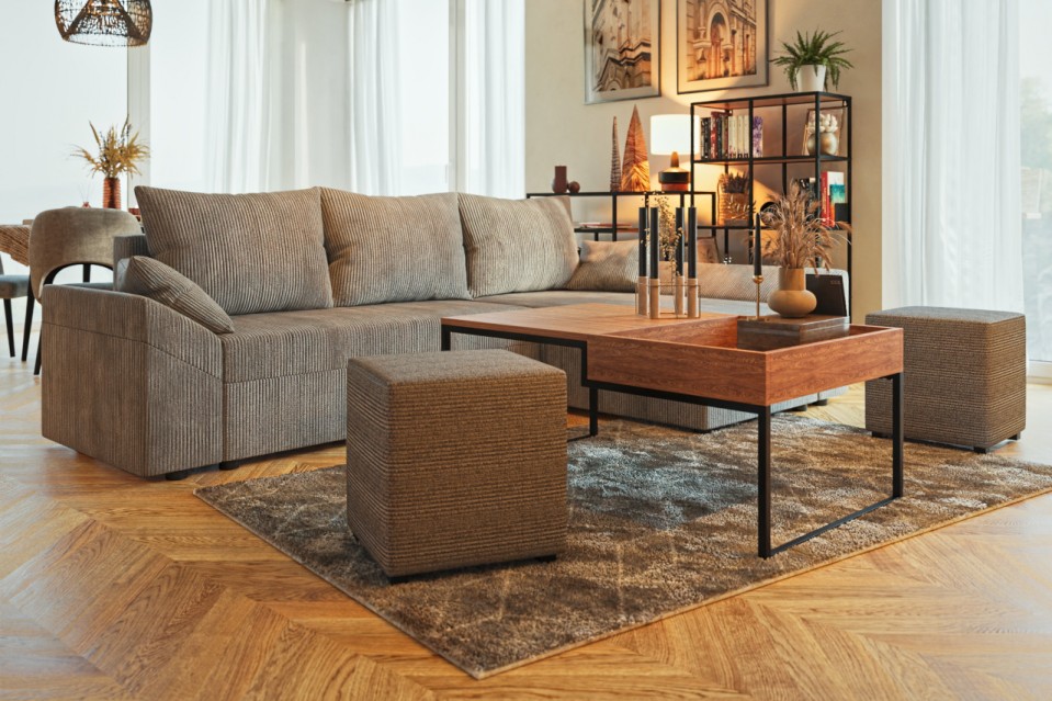 Ecksofa Peltata Cord mit Schlaffunktion und Bettkasten