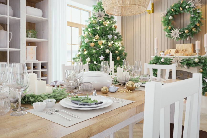 Esszimmer und Küche im weihnachtlichen Ambiente