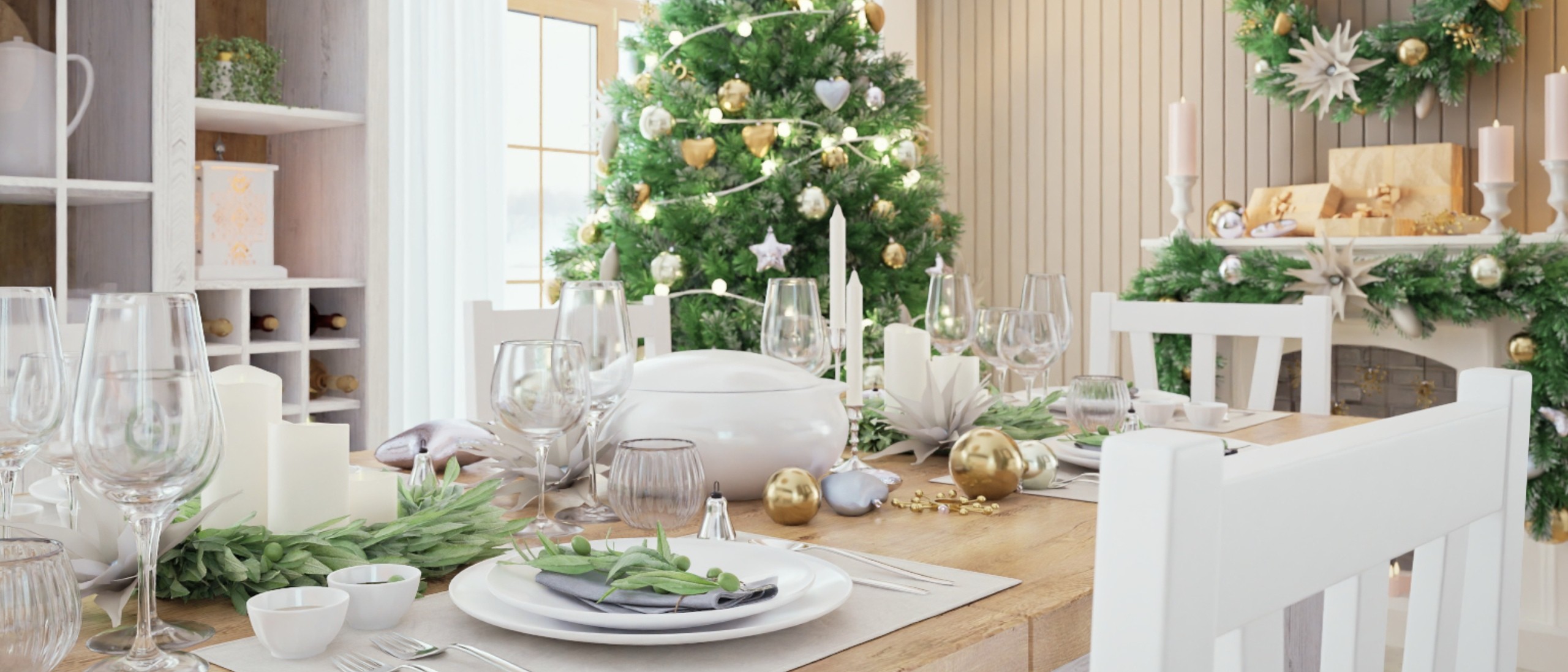 Esszimmer und Küche im weihnachtlichen Ambiente
